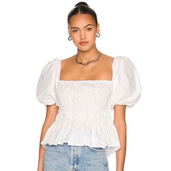 ASTR The Label White Savina Top Bubble Puff Sleeve Smocked Small - Picture 1 of 11